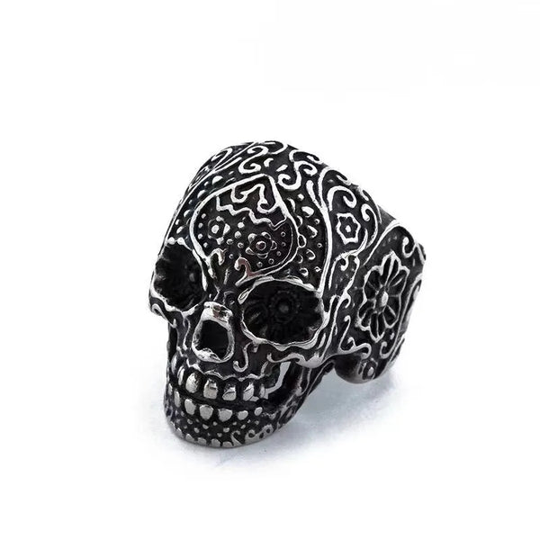 Stainless Steel Carved Sugar Skull Ring