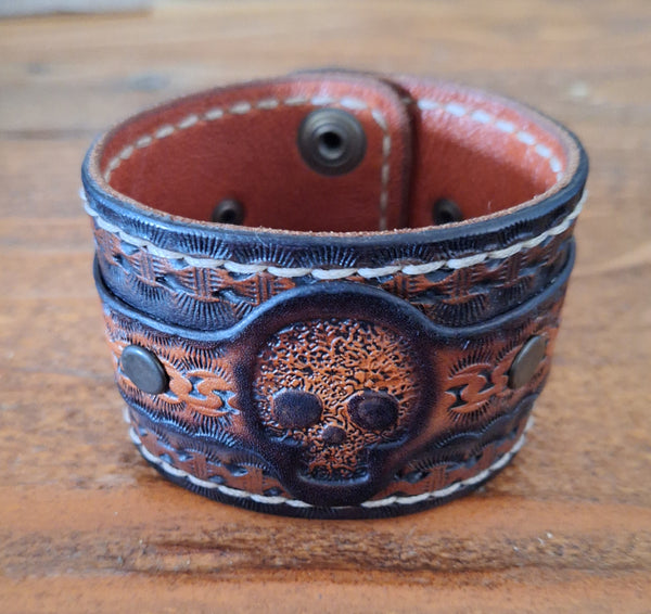 Genuine Leather Handmade Sugar Skull Cuff Bracelet
