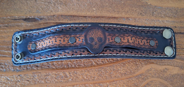 Genuine Leather Handmade Sugar Skull Cuff Bracelet