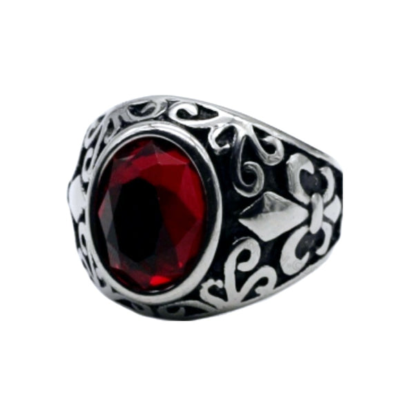 Stainless Steel Fleur-de-lis Red CZ Ring