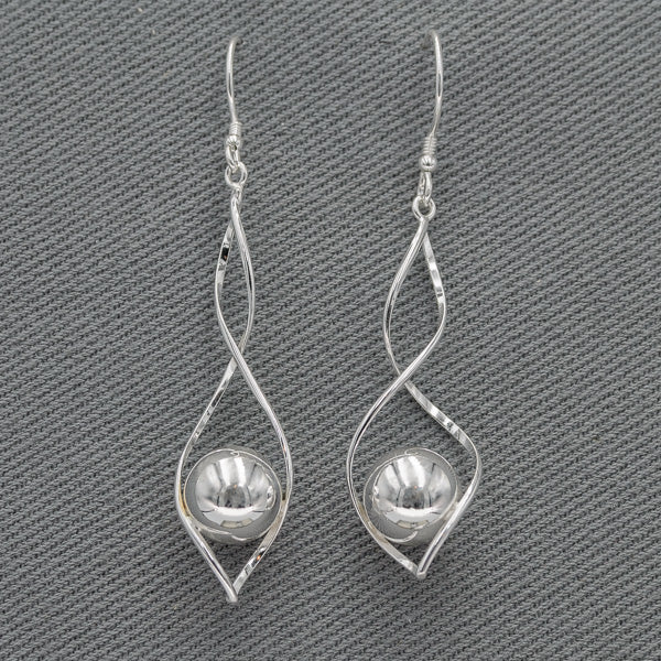 925 Sterling Silver Long Twisted Wire with Ball Earrings 59mm x 12mm