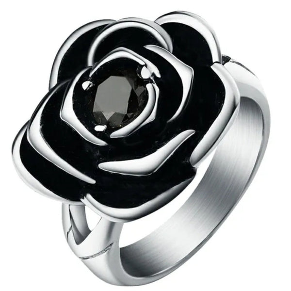 Stainless Steel Black Ladies CZ Rose Ring