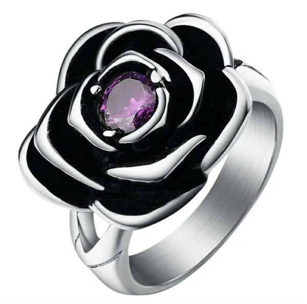 Stainless Steel Purple CZ Rose Ring