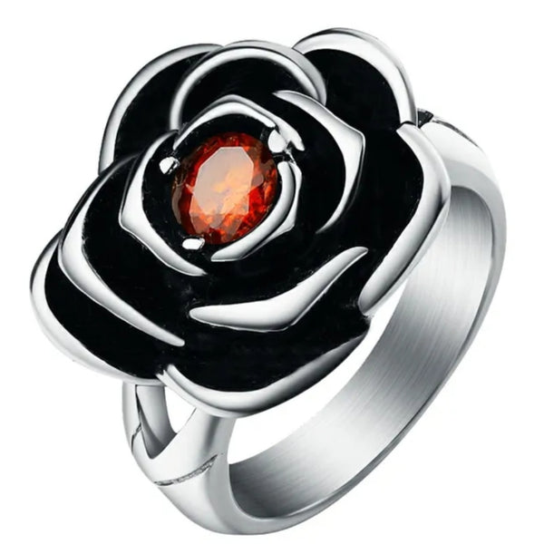 Stainless Steel Red CZ Rose Ring