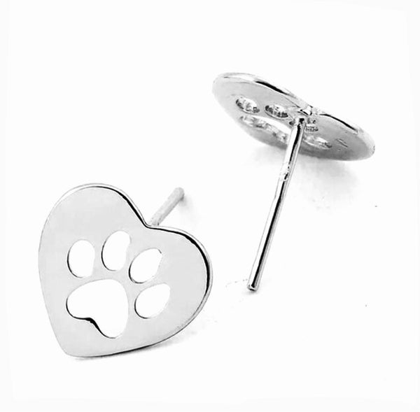 Stainless Steel Heart with Paw Print Stud Earrings