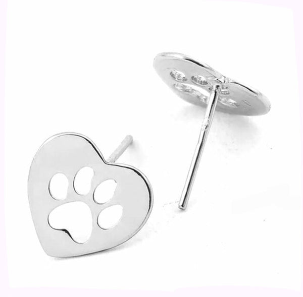Stainless Steel Heart with Paw Print Stud Earrings