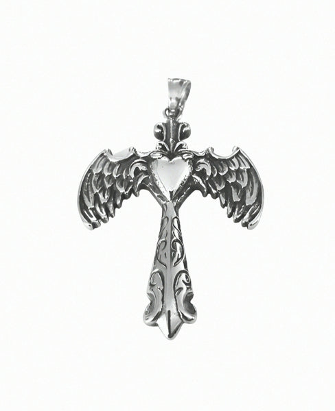 Stainless Steel  Angel Wing Cross with Heart Pendant Necklace