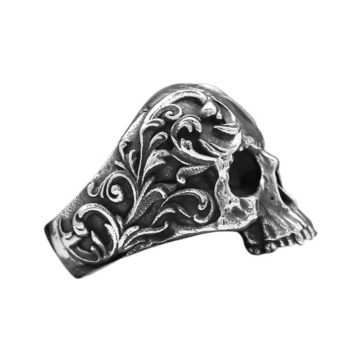 Retro Punk Gothic Filigree Flower Carved Skull Ring Stainless Steel
