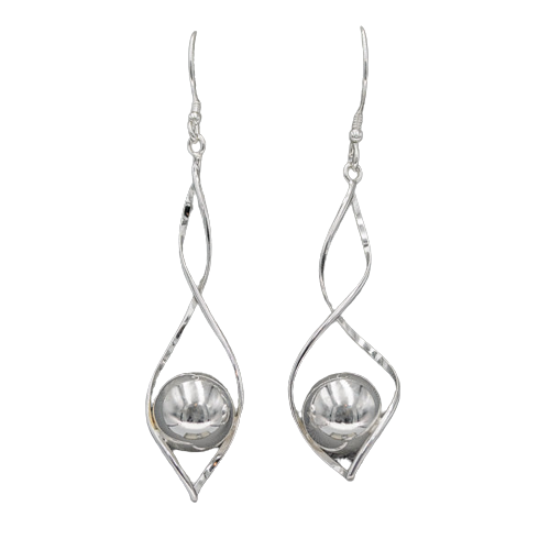 925 Sterling Silver Long Twisted Wire with Ball Earrings 59mm x 12mm