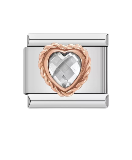 White CZ Rose Gold Heart Italian Charm Link, Stainless Steel