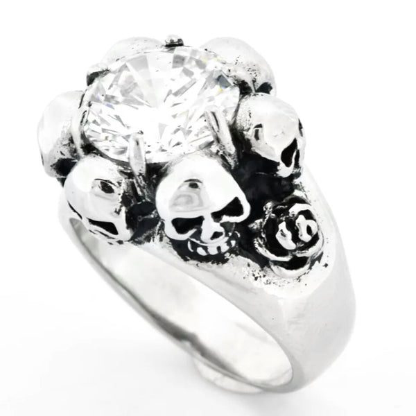 Stainless Steel Skulls and Rose around CZ Ring