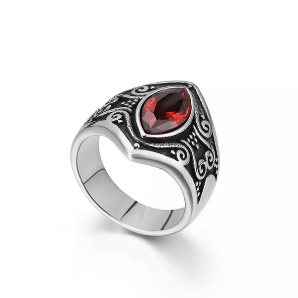 Stainless Steel Red Stone Carved Ring