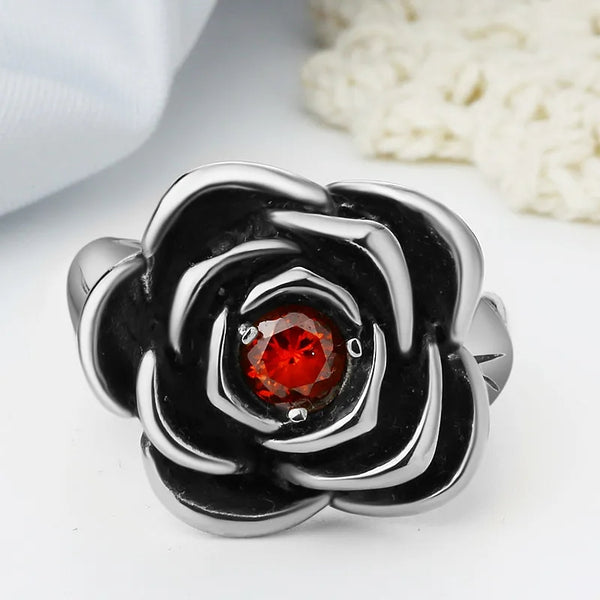 Stainless Steel Red CZ Rose Ring