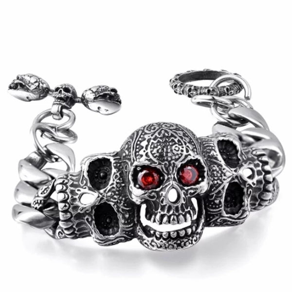 Stainless Steel Skull with Red CZ Eyes Bracelet