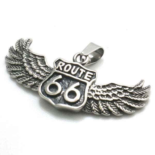 Angel Winged Route 66 Biker Pendant Necklace,Stainless Steel