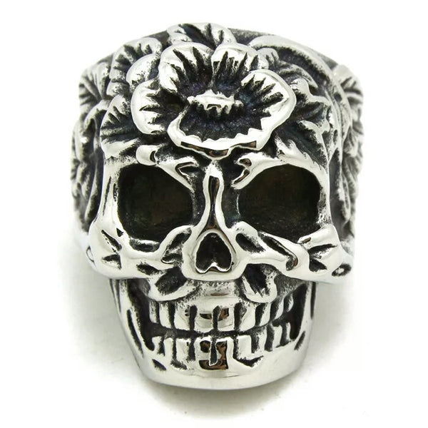 Stainless Steel Skull with Flower Ring