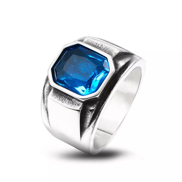Stainless Steel Retro Blue CZ Ring