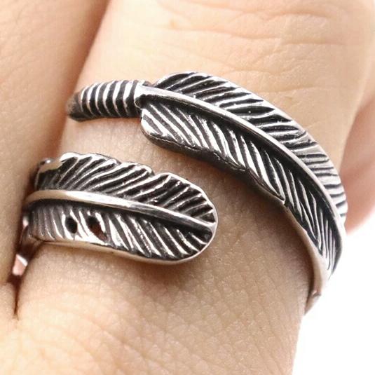Stainless Steel Detailed Feather Ring