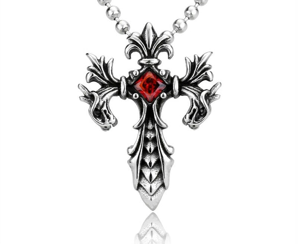 Stainless Steel Double Dragon Crystal Sword Fleur de lis Biker Pendant Necklace