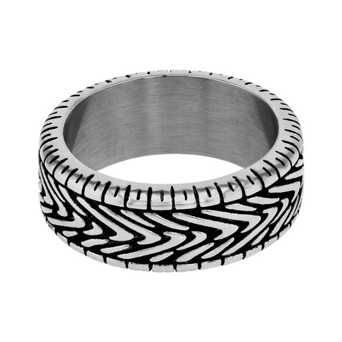 Stainless Steel Burnished Silver Tone Textured Tyre Ring