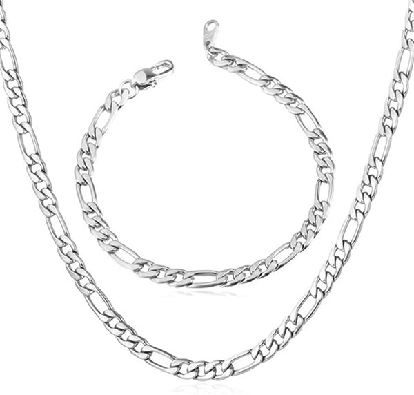 7mm Figaro Chain/Bracelet Set Stainless Steel