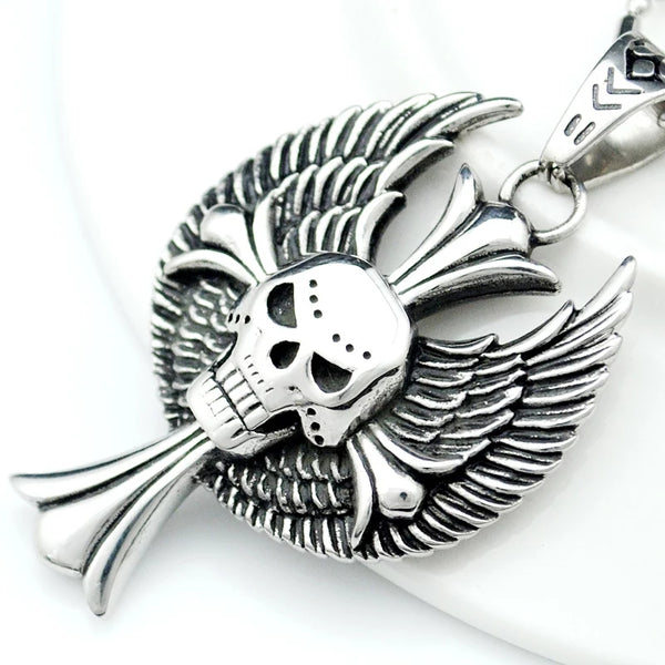Stainless Steel Cross Skull Wing Pendant Necklace