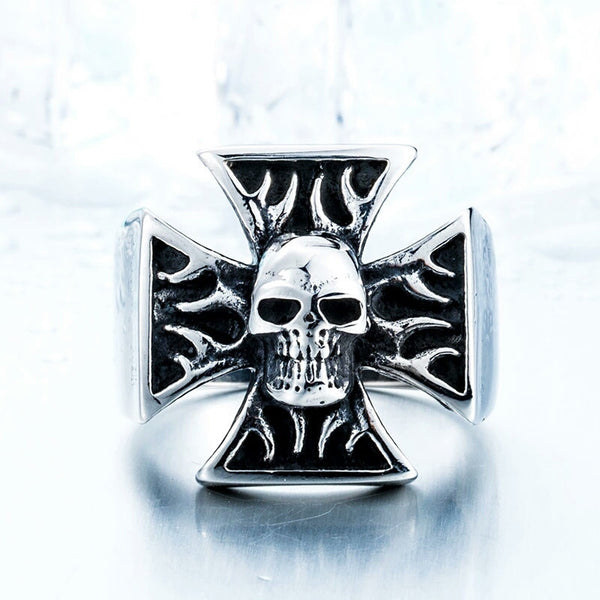 Stainless Steel Iron Cross Flames Skull Ring