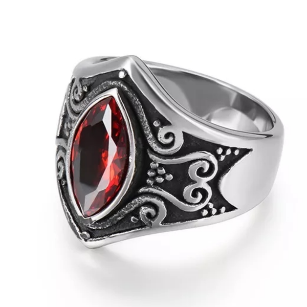 Stainless Steel Red Stone Carved Ring