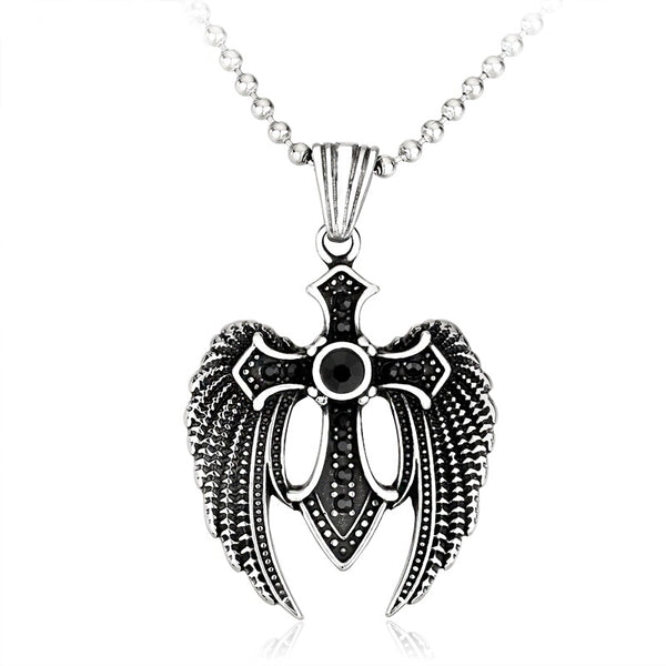 Stainless Steel Large Angel Wing Cross Pendant Necklace
