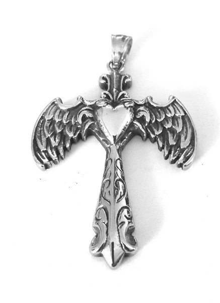 Stainless Steel  Angel Wing Cross with Heart Pendant Necklace