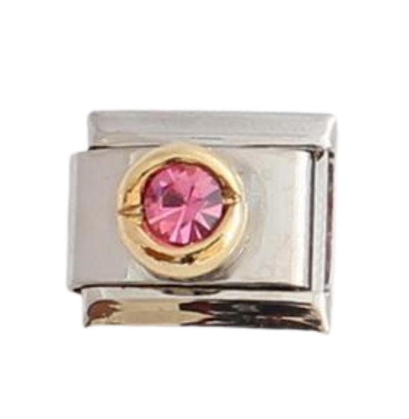 Stainless Steel Pink (October) CZ Stone  Italian Charm Link