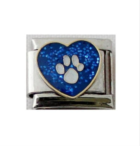 Stainless Steel Blue Glitter Heart with Paw Print Link