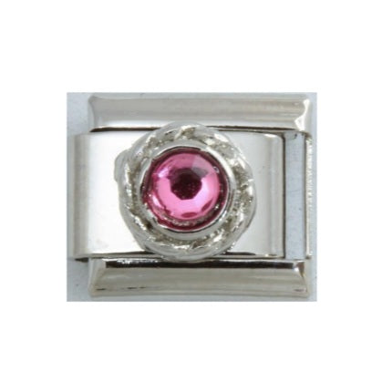 Stainless Steel Round Pink CZ Italian Charm Link 9mm