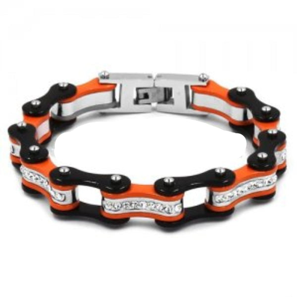 Orange & Black Bling Motorcycle Bracelet,Stainless Steel
