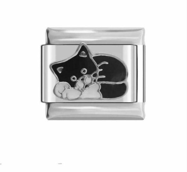 Black & White Cat Charm Link, Stainless Steel